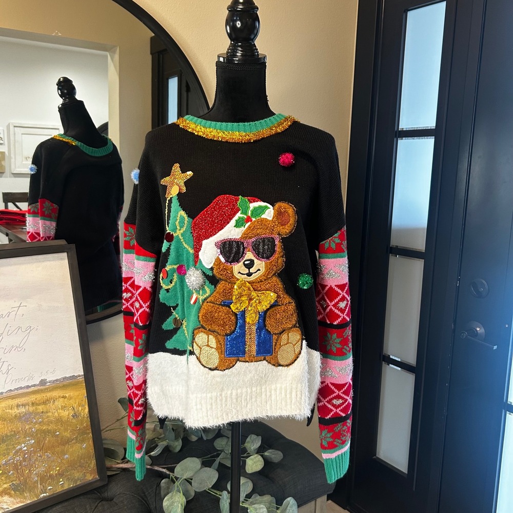 Jollidays Womens XL Ugly Christmas Sweater Teddy Bear Fair Isle Sequin